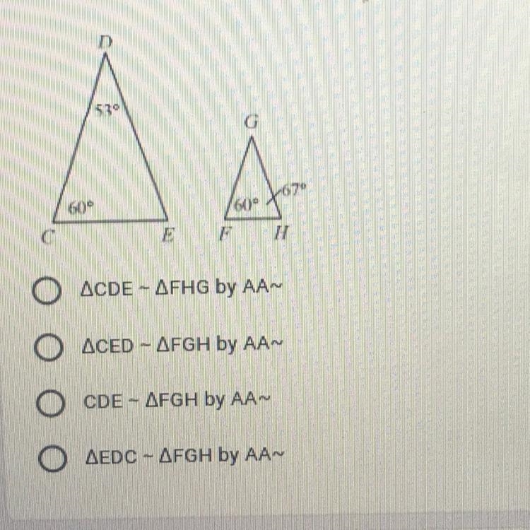 Select the correct similarity statement for the following pair of triangles-example-1