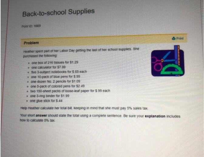 Back-to-school SuppliesPOW ID: 1669PrintProblemHeather spent part of her Labor Day-example-1