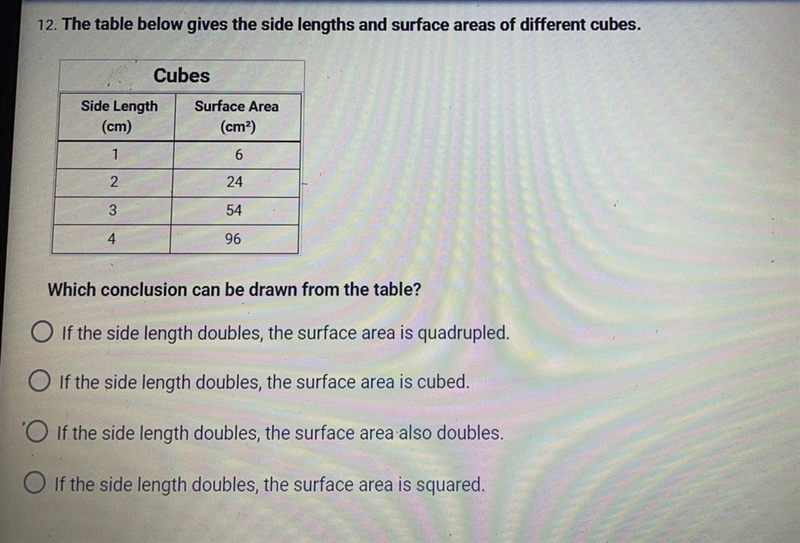 The table below gives the side lengths and surface areas of different cubes.-example-1