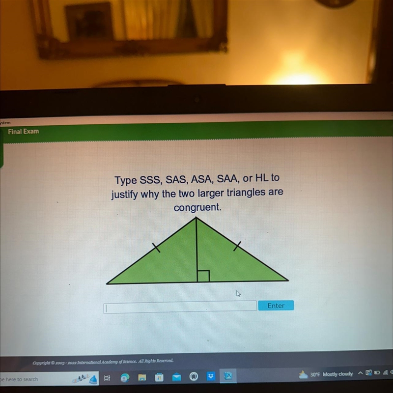 Type SSS, SAS, ASA, SAA, or HL to justify why the two larger triangles are congruent-example-1