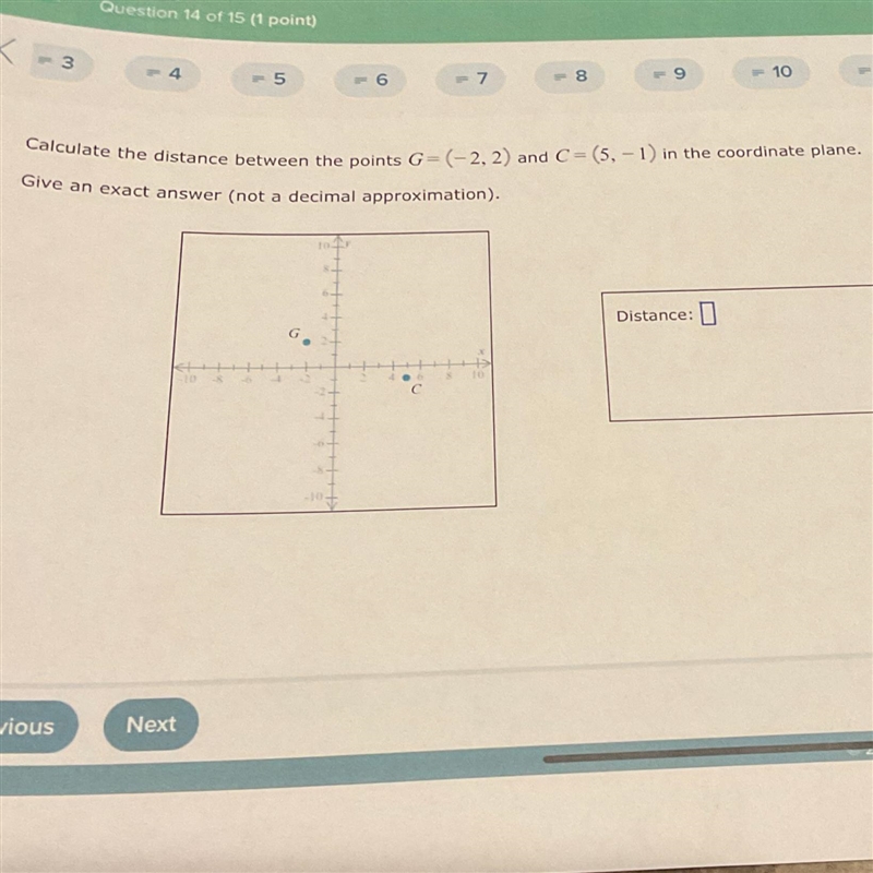 Calculate the distance between the points G= -2.2) and C = (5, -1) in the coordinate-example-1