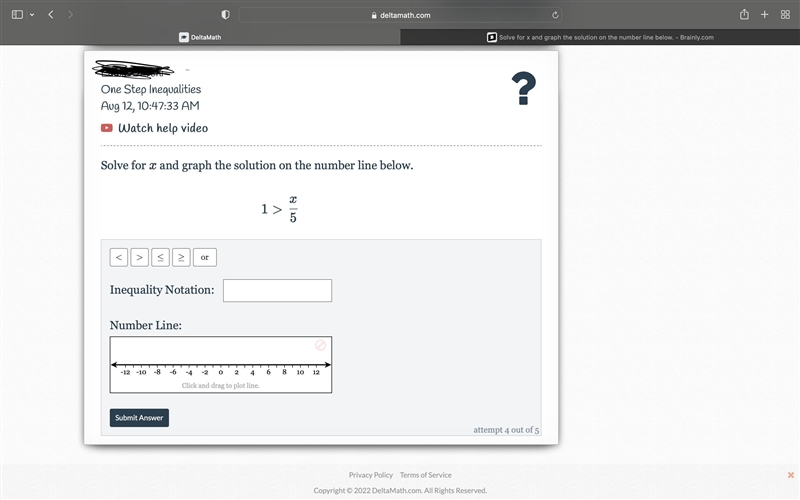 Solve forxx and graph the solution on the number line below.1>1>x55x-example-1