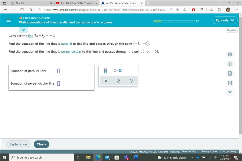 Consider the line . 7x-8y=-1Find the equation of the line that is parallel to this-example-1