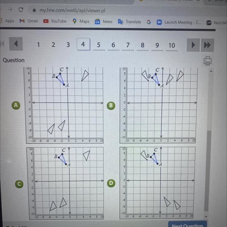 Select the final image of ABC after the given sequences of transformations. Reflect-example-1