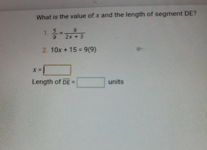 rinomg a segment LenguWhat is the value of x and the length of segment DE?1. §-2x-example-1