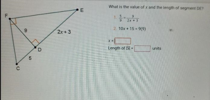 rinomg a segment LenguWhat is the value of x and the length of segment DE?1. §-2x-example-2