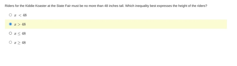 Riders for the Kiddie Koaster at the State Fair must be no more than 48 inches tall-example-1