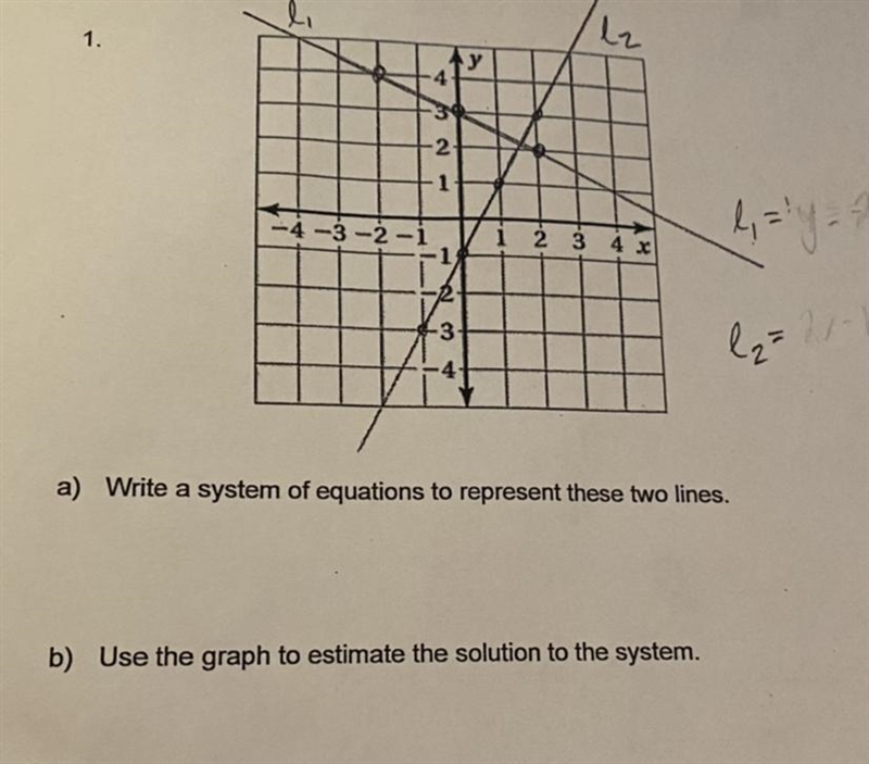 How would you write a system of equations to represent the line and estimate the solution-example-1