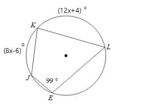 We are given arc KL is 12x+4, arc KJ is 8x-6, and angle E is 99 degrees. What is the-example-1