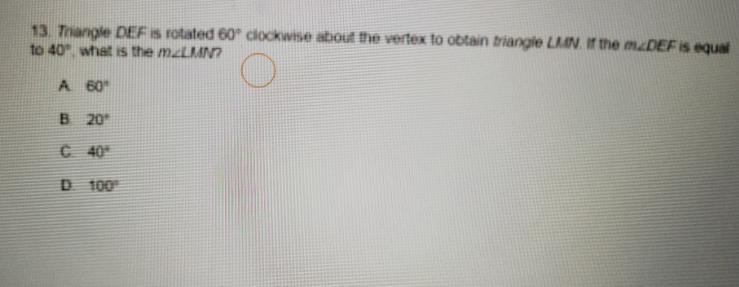 Triangle DEF is rotated 60⁰ clockwise about the vertex to obtain triangle LMN. if-example-1