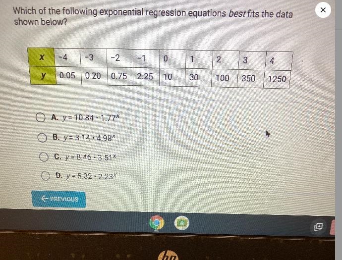 Which of the following exponential regression equations best fits the datashown below-example-1