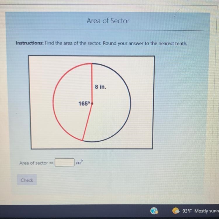 Instructions: Find the area of the sector. Round your answer to the nearest tenth-example-1