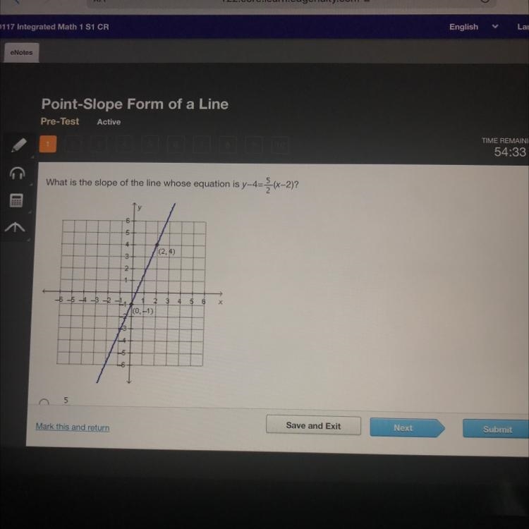 What is the slope of the line whose equation is y-4=(x-2)?6543qu6543+2w9(0,-1)(2,4)2 3 4 5 6 x-example-1