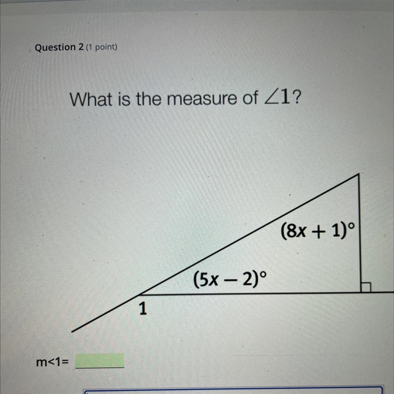 M<1= What is the measure of <1? 1 (5x − 2)° (8x + 1)º-example-1