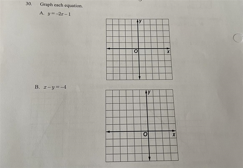 Graph each equation Need help with A. Y= -2x - 1B. X - y = -4-example-1