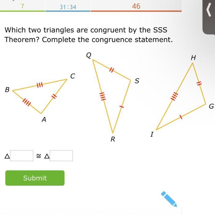 Which two triangles are congruent by the SSS Theorem? Complete the congruence statement-example-1