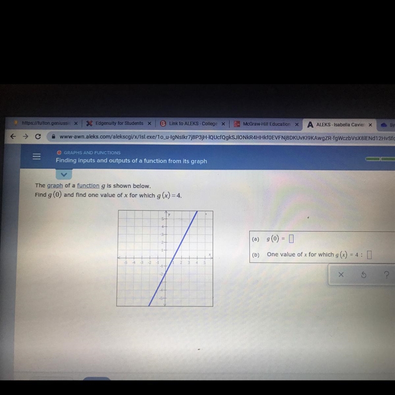 The graph of a function g is shown below.Find g (0) and find one value of x for which-example-1