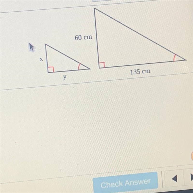 Find the values of x and y when the smaller triangle has an area of 90 cm2.cm.The-example-1