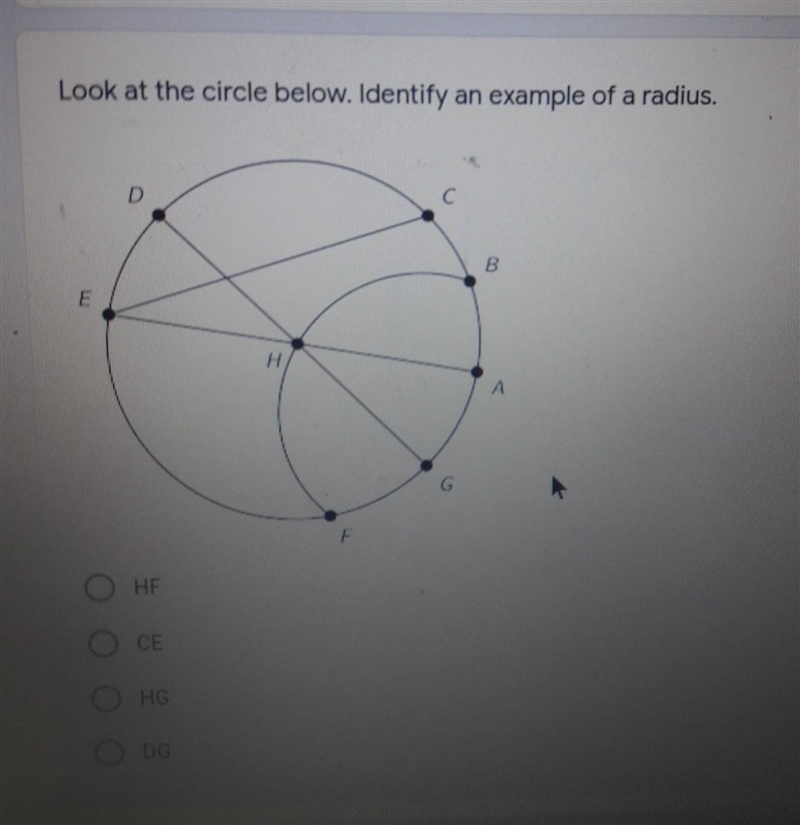 Look at the circle below. identify an example of radius-example-1