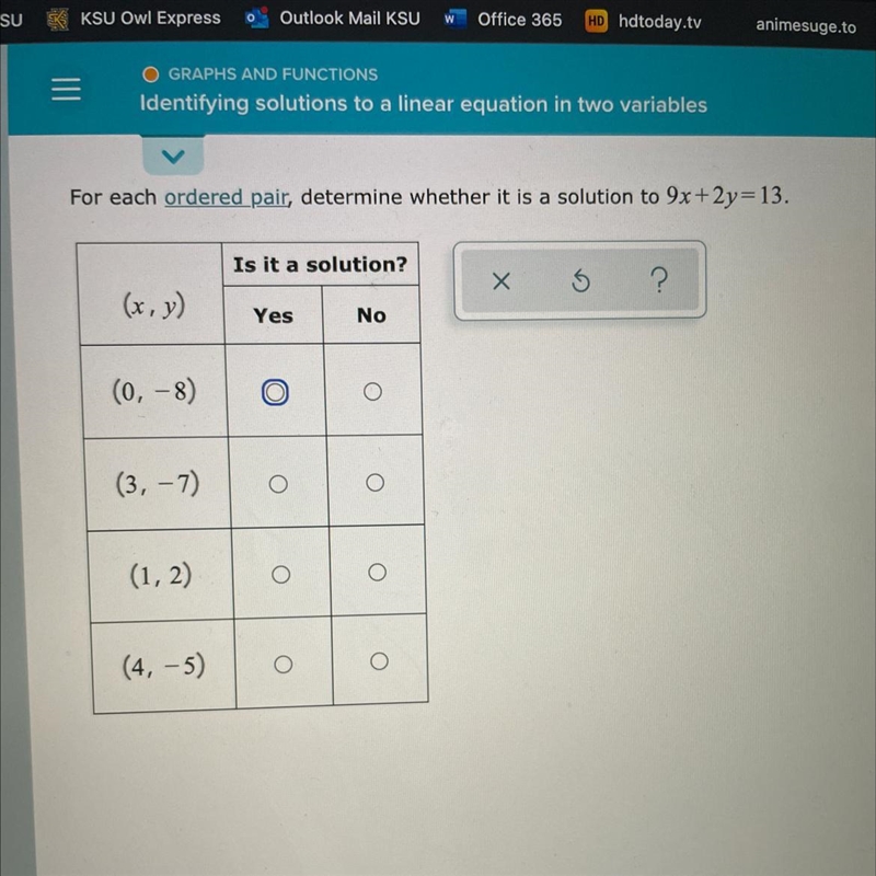 O GRAPHS AND FUNCTIONSIdentifying solutions to a linear equation in two variables-example-1