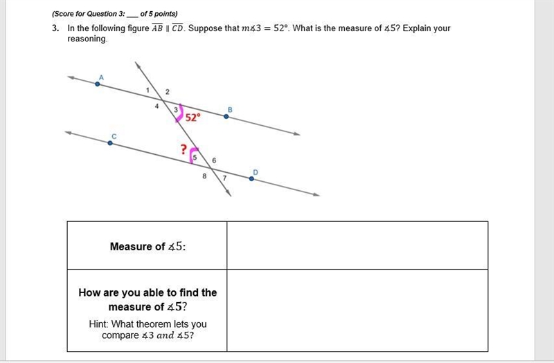 Measure of ∡5 (Hint: What theorem lets you compare ∡3 and ∡5?)-example-1