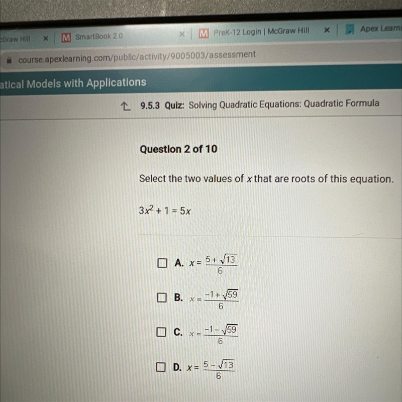 Select the two values of x that are roots of this equation. 3x² + 1 = 5x-example-1