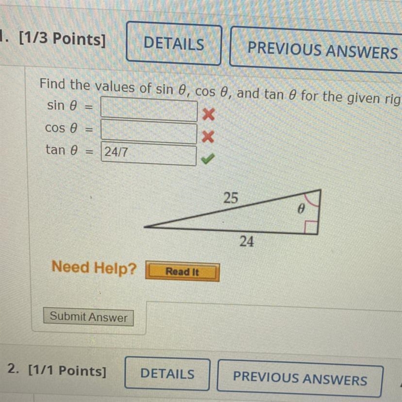 Find the values of sin0, cos0, and tan0 for the given right triangle. Give exact values-example-1