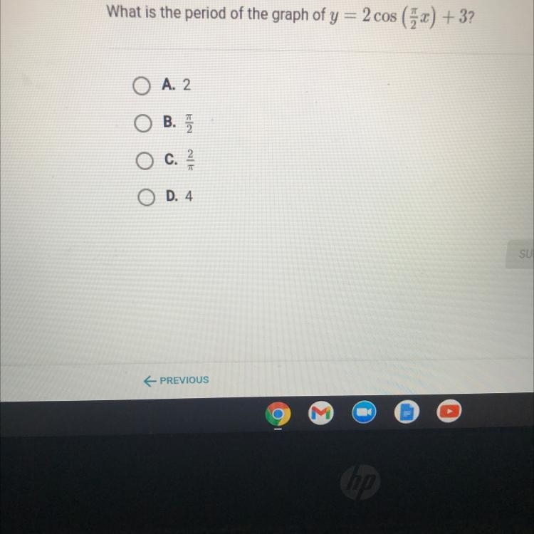 What is the period of the graph of y = 2 cos (7x)+ 3?O A. 2O B.klaalO C.O D. 4-example-1