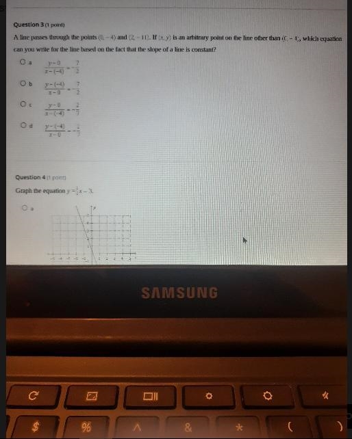 Question 3 (1 point) A line passes through the points (0, - 4) and (2, - 11). If (x-example-1