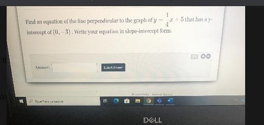 1Find an equation of the line perpendicular to the graph of yx + 5 that has a y-4intercept-example-1