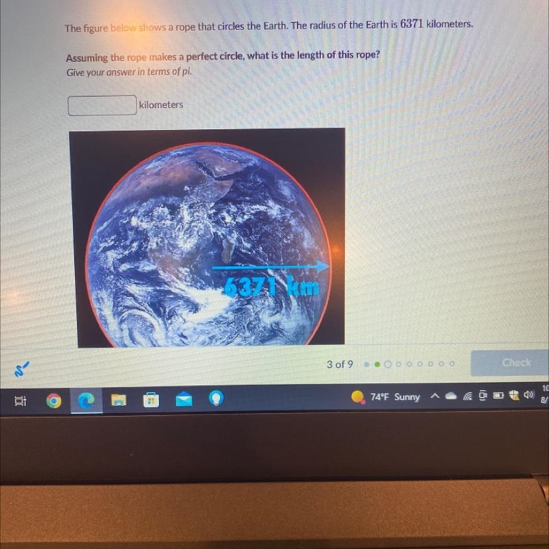 The figure below shows a rope that circles the earth the radius of the earth is 6371 km-example-1