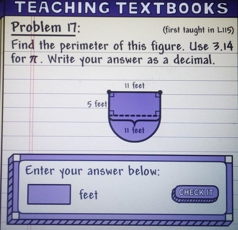 Find the perimeter of this figure. is 3.14 for π. write your answer as a decimal.-example-1