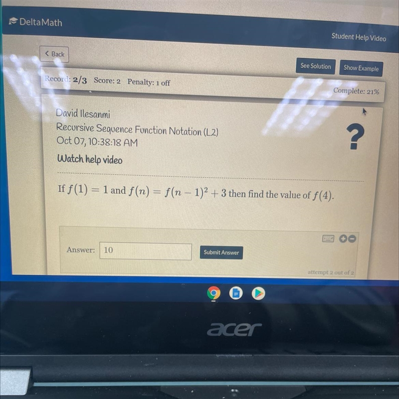 If f (1) = 1 and f(n) = f(n - 1)? + 3 then find the value of f(4).-example-1