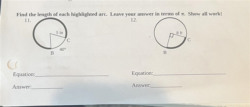 Find the length of each highlighted area of number 11. Leave answer in terms of pi-example-1