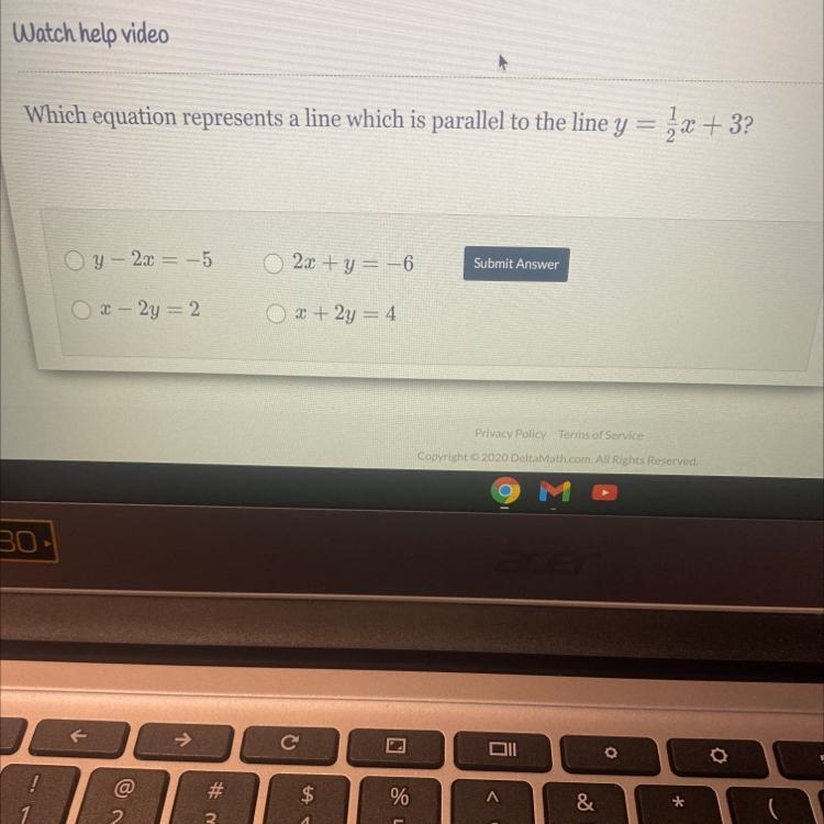 Which equation represents a line which is parallel to the line y = 1/2x+3-example-1