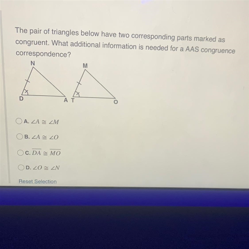 The pair of triangles below have two corresponding parts marked as congruent what-example-1