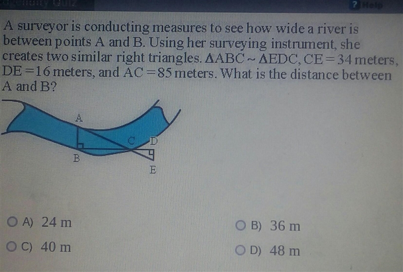 A survey or is conducting measures to see how wide a river is between points A and-example-1