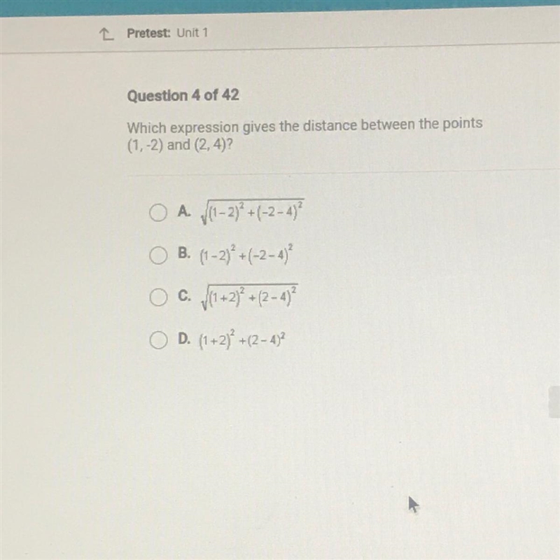 Which expression gives the distance between the points(1,-2) and (2, 4)?O A 11 - 23² + (-2-4²O-example-1