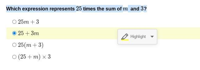 Which expression represents 25 times the sum of m and 3?-example-1