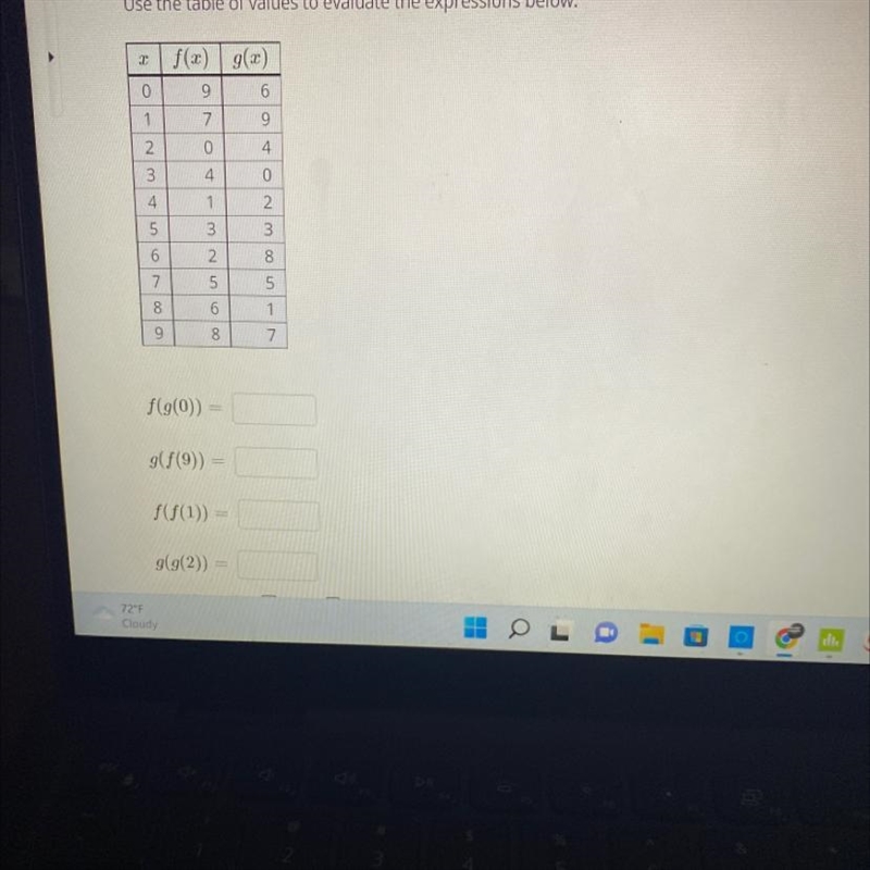 Use the table of values to evaluate the expressions below.-example-1