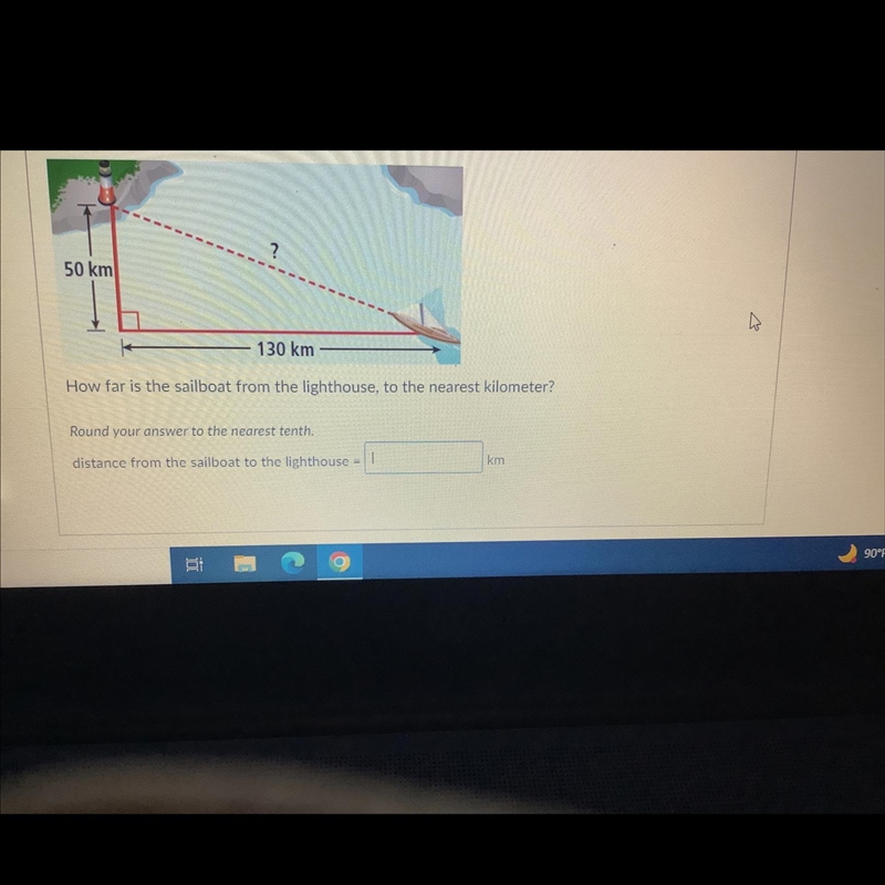 How far is the sailboat from the lighthouse, to the nearest kilometer? Round your-example-1