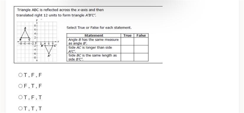 Triangle ABC is reflected across the x-axis and then translated right 12 units to-example-1