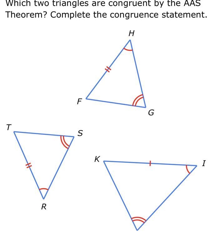 Which two triangles are congruent by the AAS Theorem? Complete the congruence statement-example-1