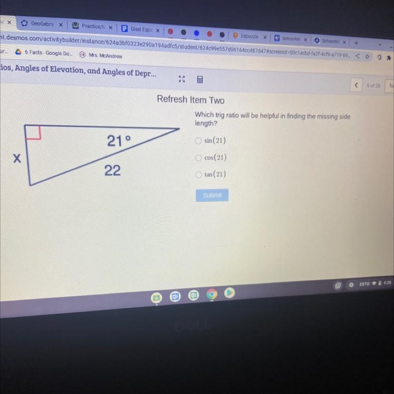 Which trig ratio will be helpful in finding the missing side length?-example-1