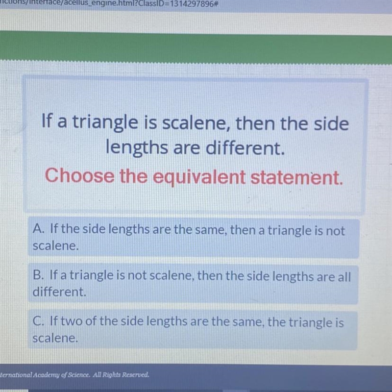 If a triangle is a scalene, then the side lengths are different-example-1