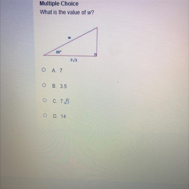 What is the value of w?A. 7B. 3.5C. 75D. 14-example-1