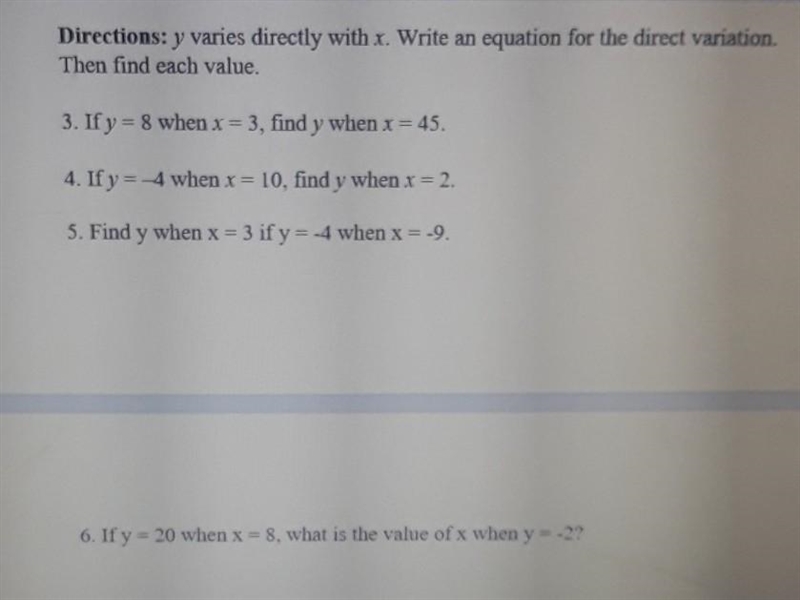 Directions: y varies directly with x. Write an equation for the direct variation. Then-example-1