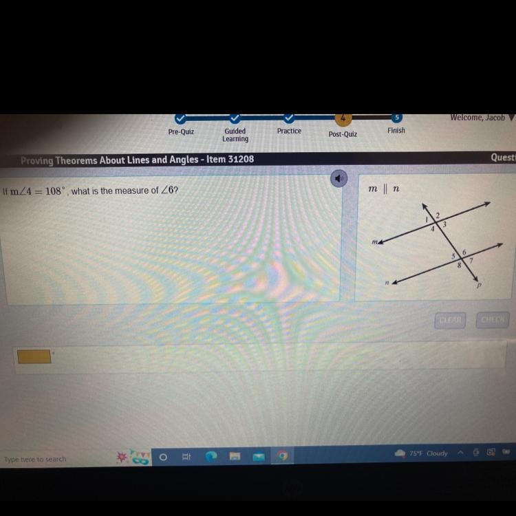 If m4 = 108°, what is the measure of 26?-example-1