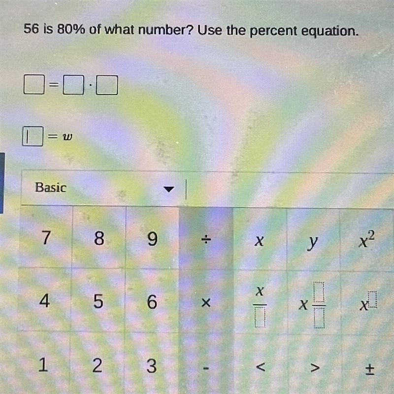 56 is 80% of what number? Use the percent equation-example-1