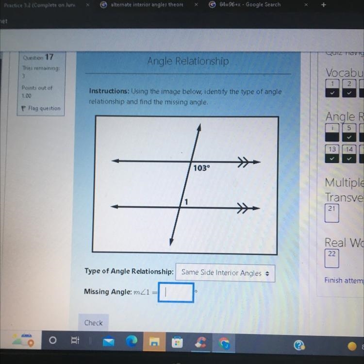 Using the image below, identify the type of angle relationship and find the missing-example-1